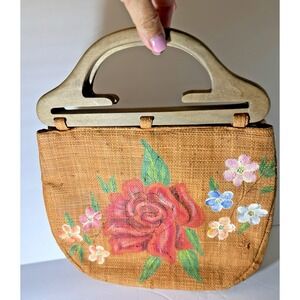 RETRO Raffia Straw Handbag Purse '60s Wood Handles Handpainted Vintage